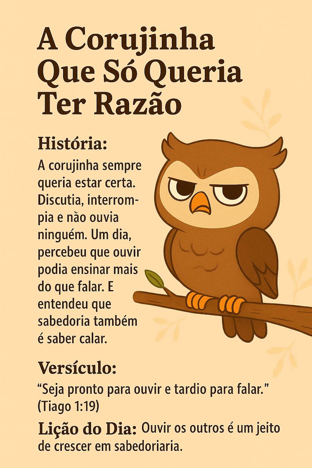 Página da parábola A Corujinha Que Só Queria Ter Razão, do livro 365 Parábolas Kids 2