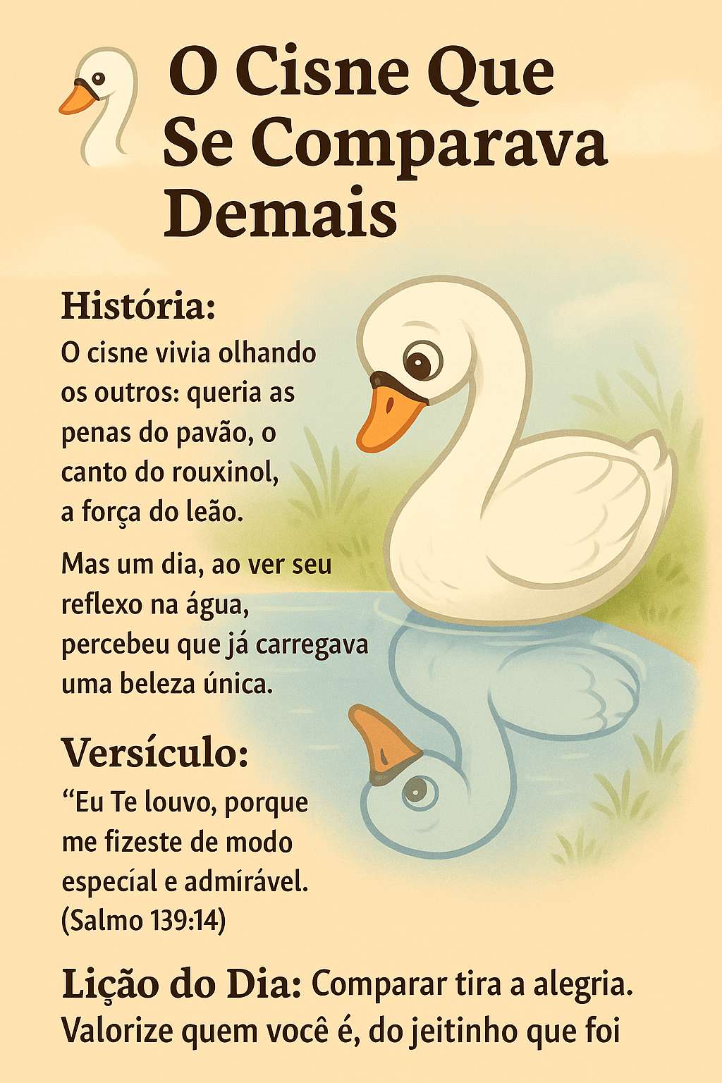 Página da parábola O Cisne Que Se Comparava Demais, do livro 365 Parábolas Kids 2